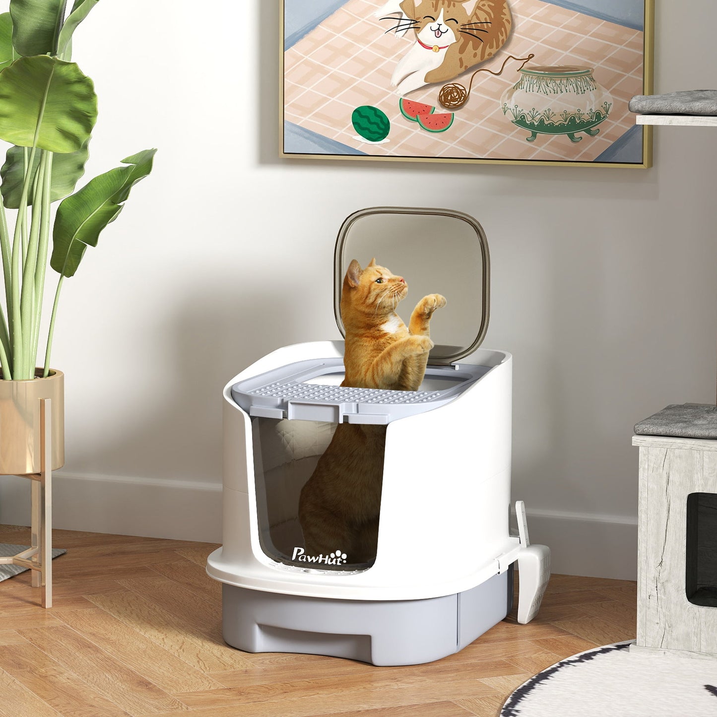 Cat Litter Box with Lid, Scoop, Deodorisation Bags, Top Entry-1