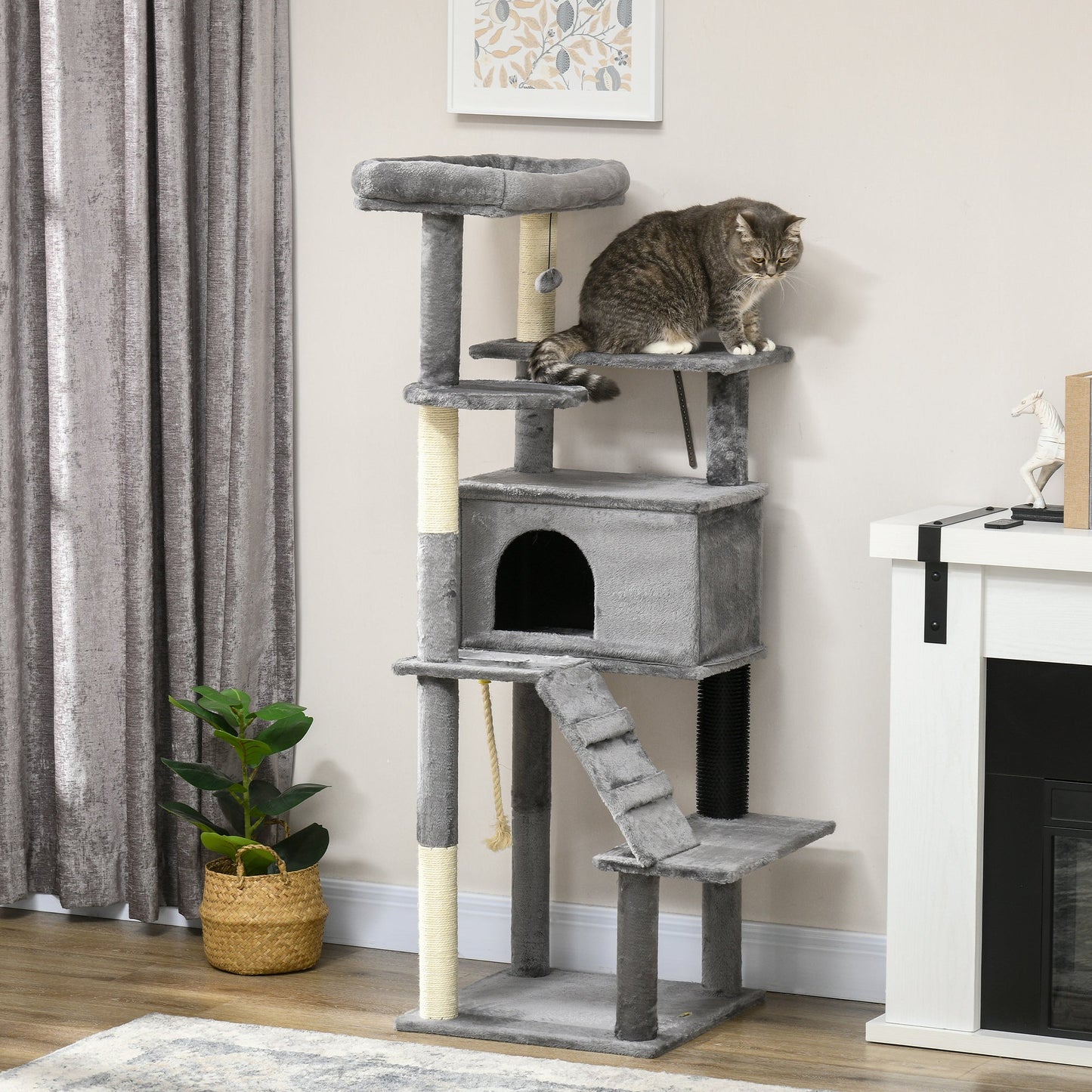 Cat Tree Tower for Indoor Cats, with Scratching Post, Cat House, Toy, Grey-1