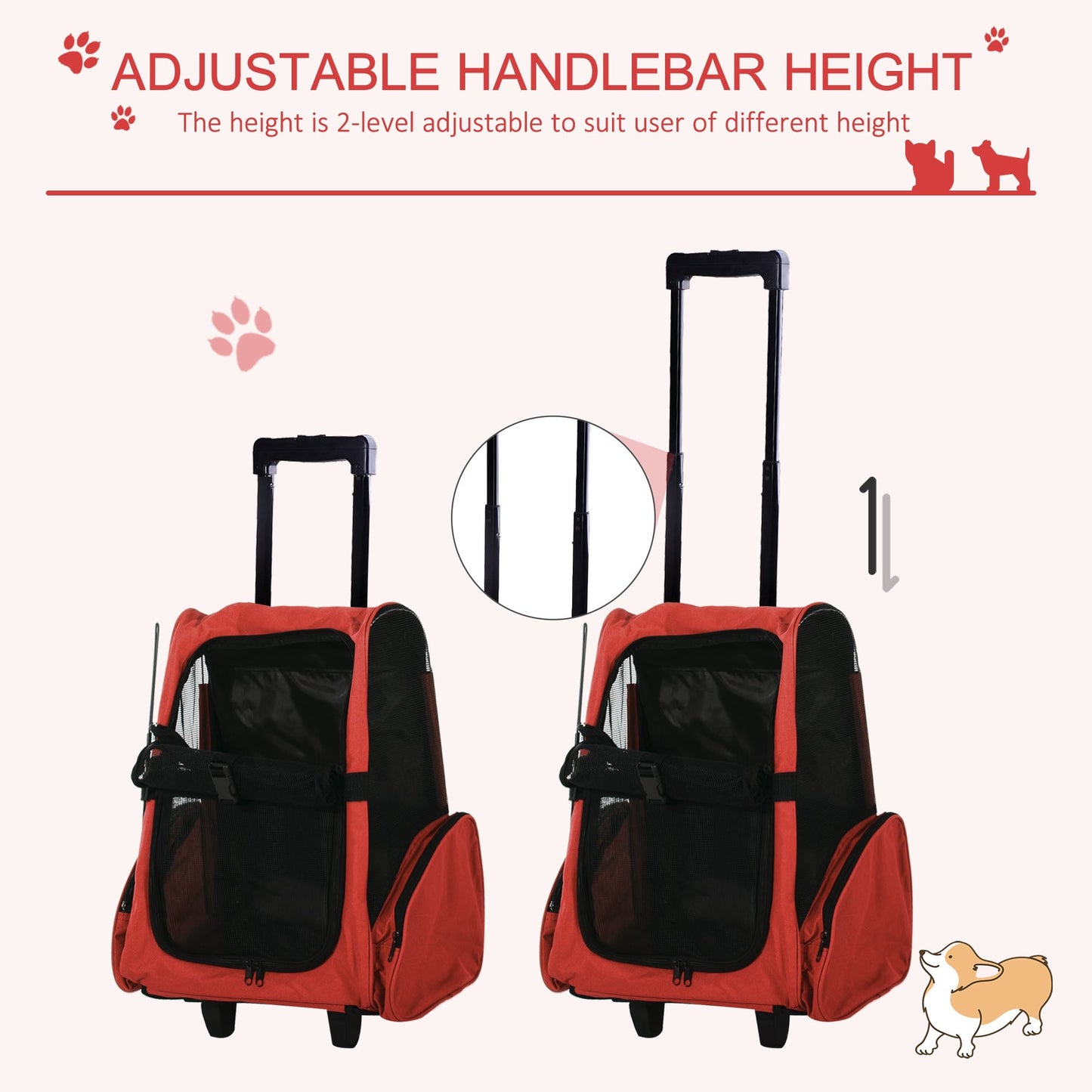 Dog Carrier Bag Travel Backpack Bag Cat Carrier Dog Bag w/ Trolley and Telescopic Handle, 42 x 25 x 55 cm, Red-4
