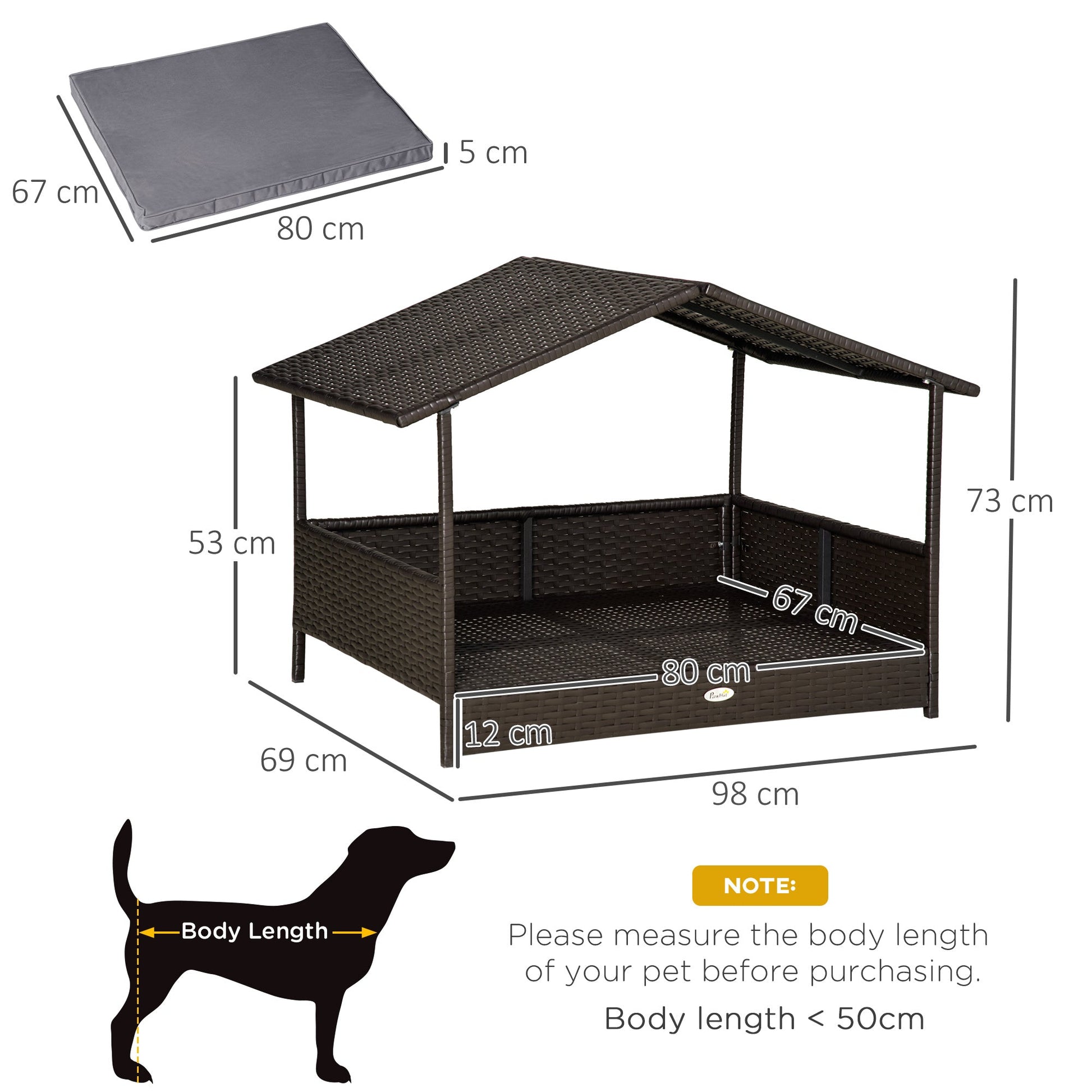 Rattan Dog House, Elevated Wicker Pet Bed Lounge with Removable Cushion and Canopy, for Small and Medium Dogs, 98 x 69 x 73cm - Grey-2