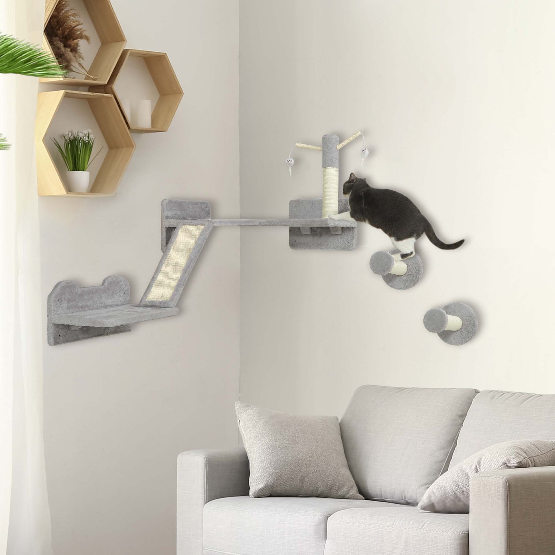 3-Piece Cat Wall Furniture with Scratching Posts, Scratching Pads, Perches, Cat Wands, Toy Balls, Light Grey-1