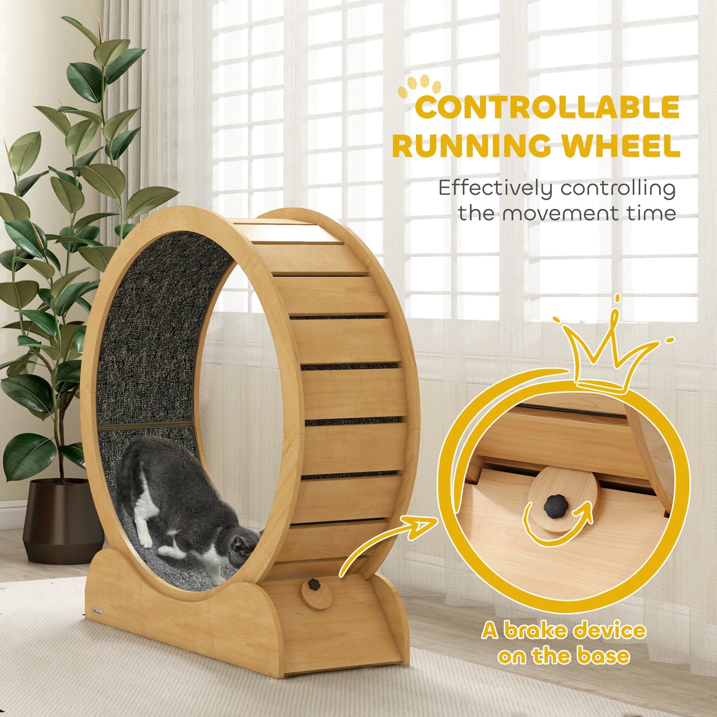 PawHut 39.4" Wooden Cat Running Wheel with Brake, Natural-4
