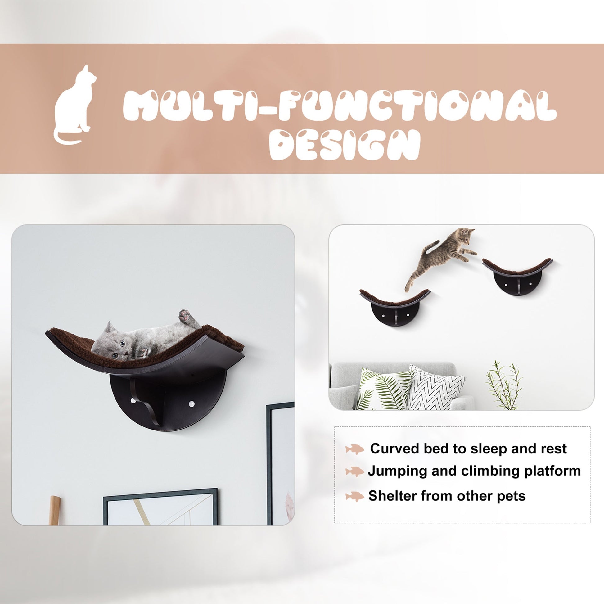 Cats Wall-Mounted MDF Shelf Bed w/ Fleece Cushion Brown-3