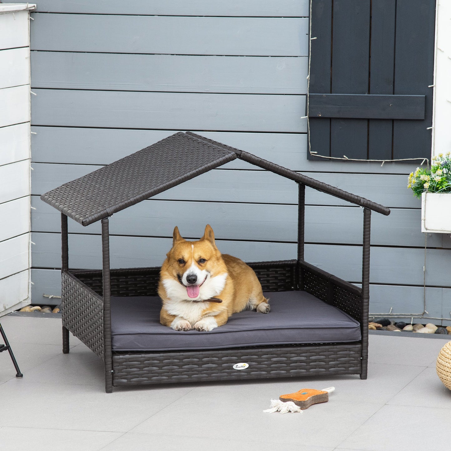 Rattan Dog House, Elevated Wicker Pet Bed Lounge with Removable Cushion and Canopy, for Small and Medium Dogs, 98 x 69 x 73cm - Grey-1