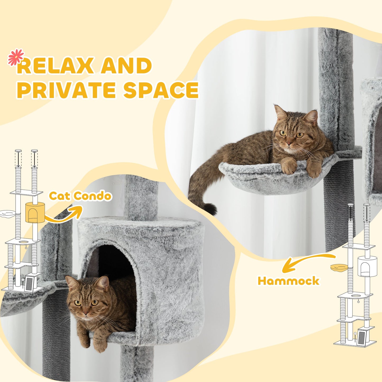 225-255cm Height Floor-to-Ceiling Cat Tree Large Cat Tower w/ Cat Scratching Posts, Ramp, Condo-4