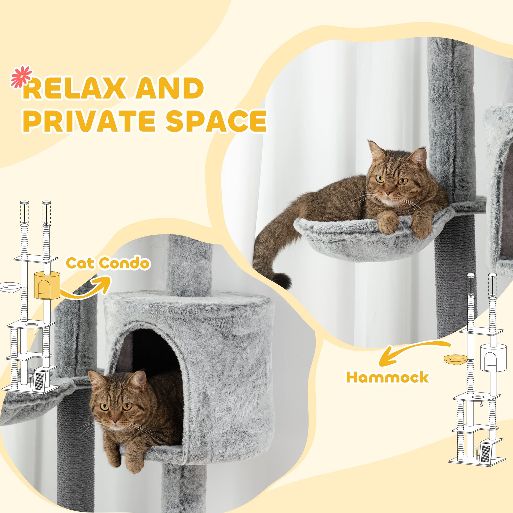 225-255cm Height Floor-to-Ceiling Cat Tree Large Cat Tower w/ Cat Scratching Posts, Ramp, Condo-4