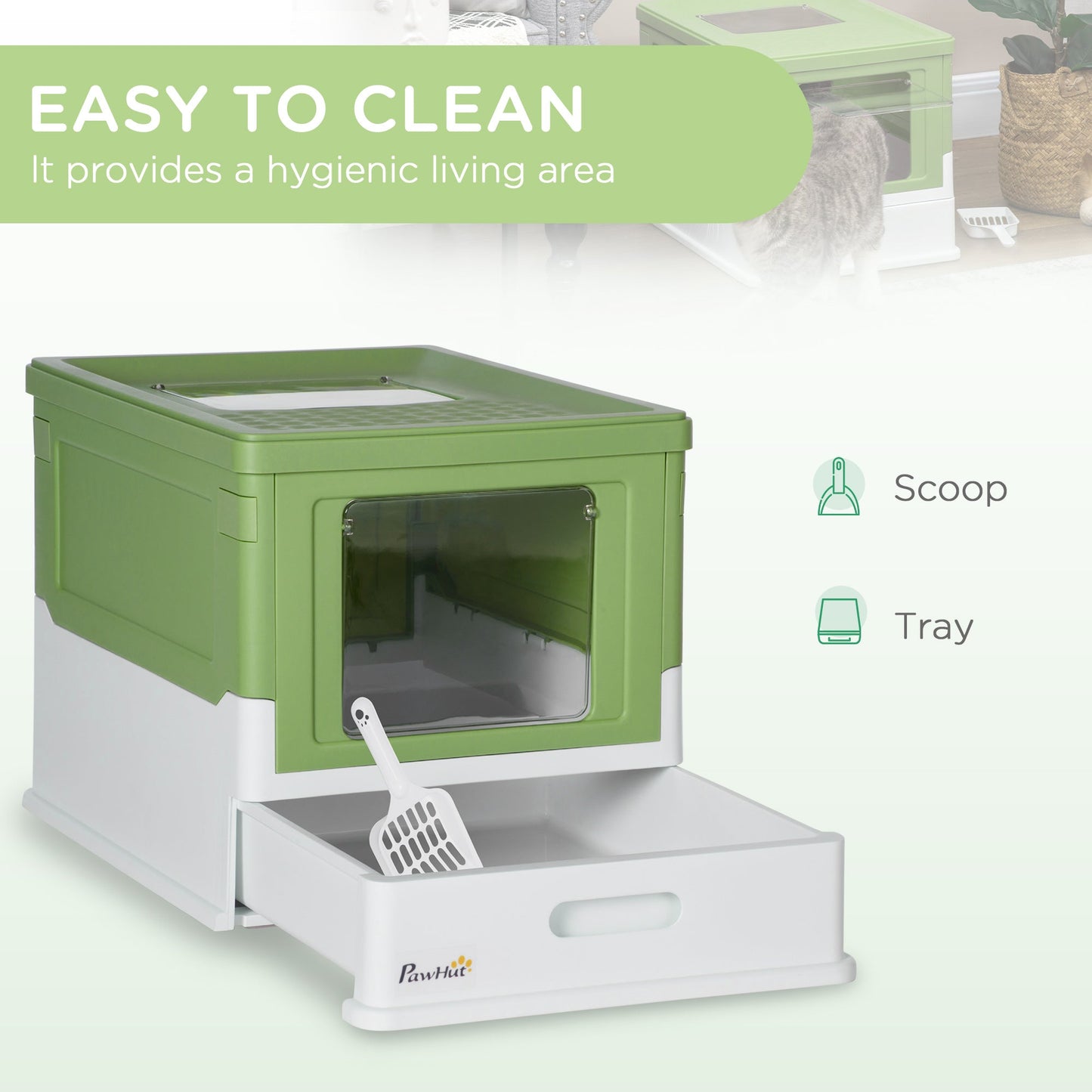 Hooded Cat Litter Box, Portable Pet Toilet, with Scoop, Front Entry - Light Green-3