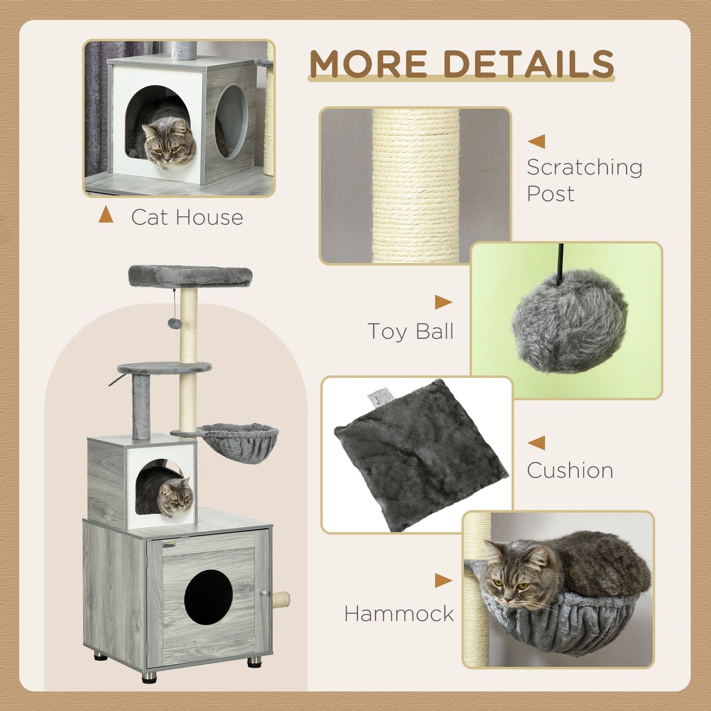 Enclosed Cat Litter Box with Cat House, Cat Bed, Scratching Posts, Platforms for Indoor Cats Use, Grey-4