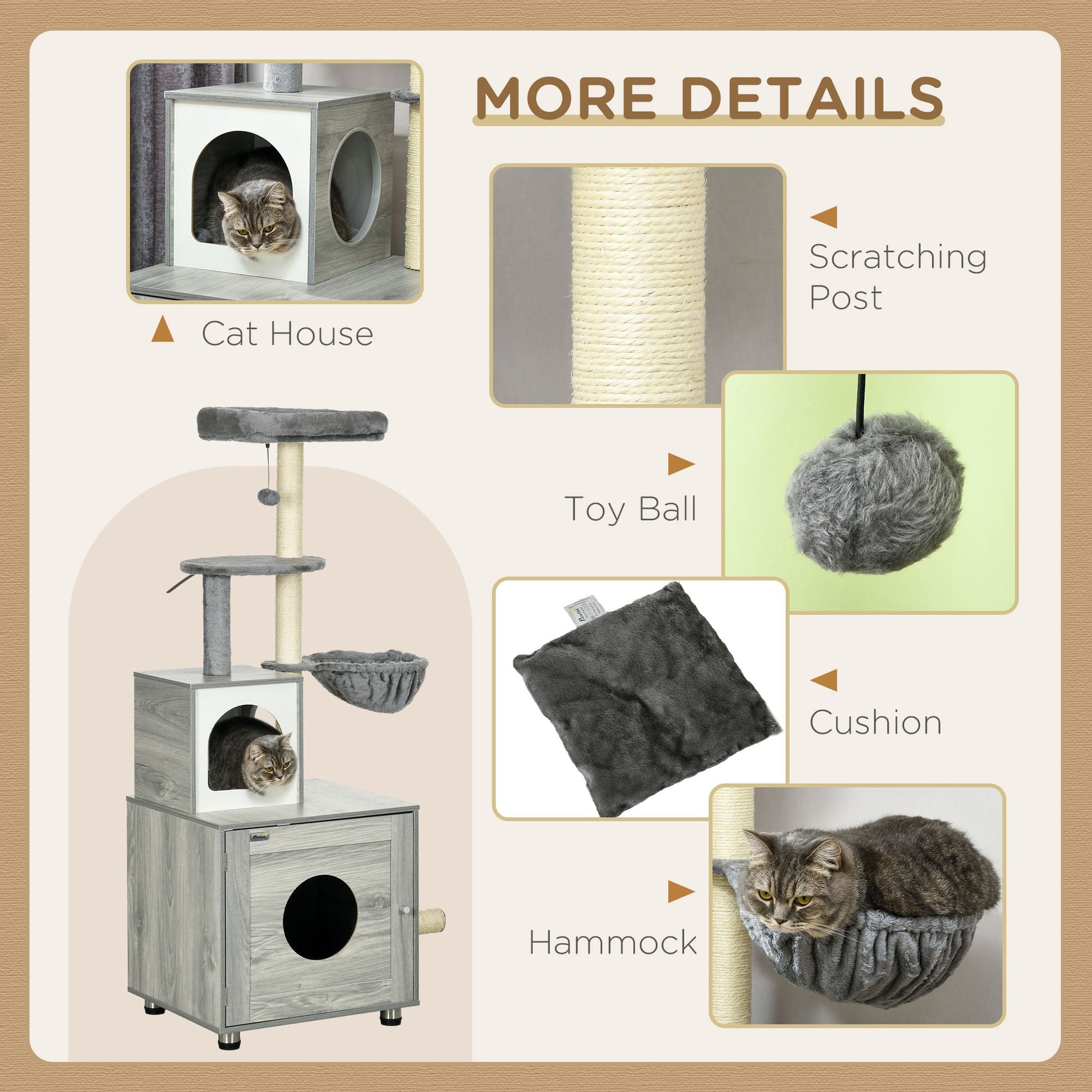 Enclosed Cat Litter Box with Cat House, Cat Bed, Scratching Posts, Platforms for Indoor Cats Use, Grey-4