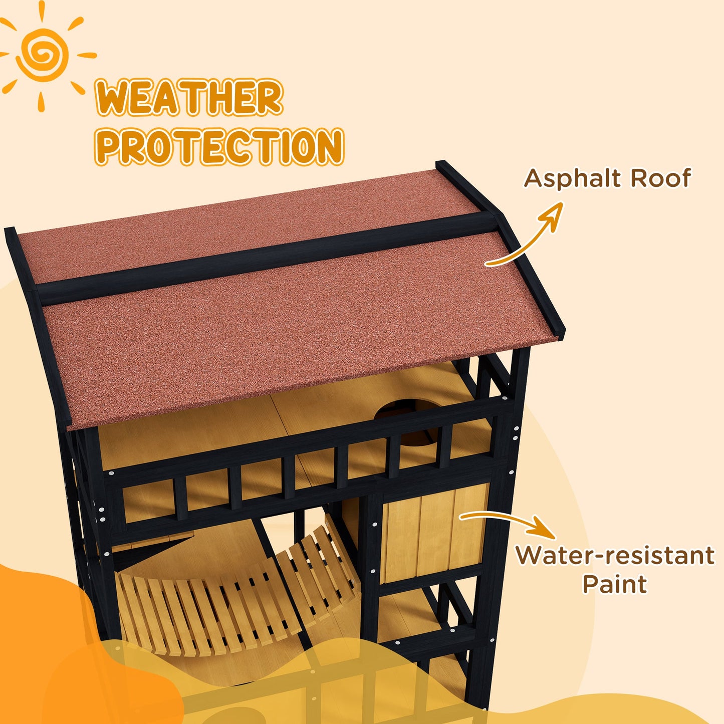 Outdoor Cat Shelter, Four-Tier Wooden Feral Cat House, with Suspension Bridge, Cat Houses, Balcony, Escape Doors-4