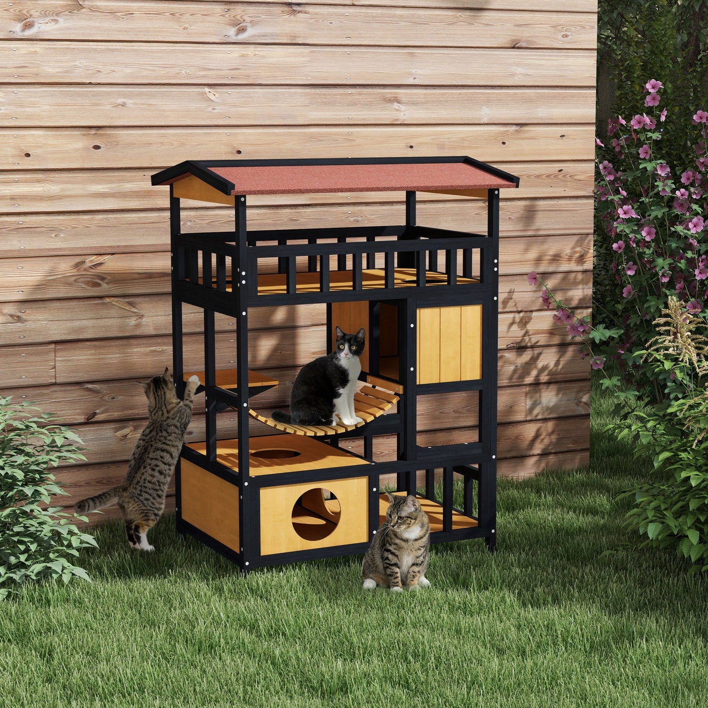 Outdoor Cat Shelter, Four-Tier Wooden Feral Cat House, with Suspension Bridge, Cat Houses, Balcony, Escape Doors-1