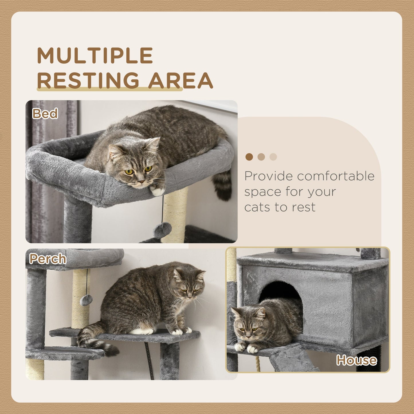 Cat Tree Tower for Indoor Cats, with Scratching Post, Cat House, Toy, Grey-4