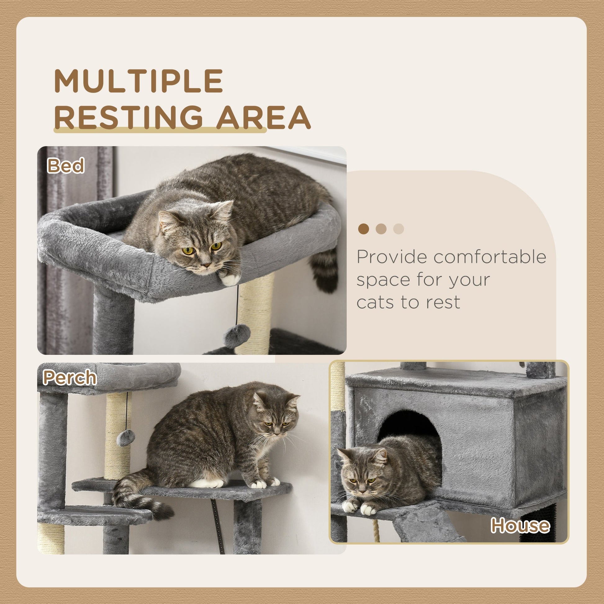 Cat Tree Tower for Indoor Cats, with Scratching Post, Cat House, Toy, Grey-4