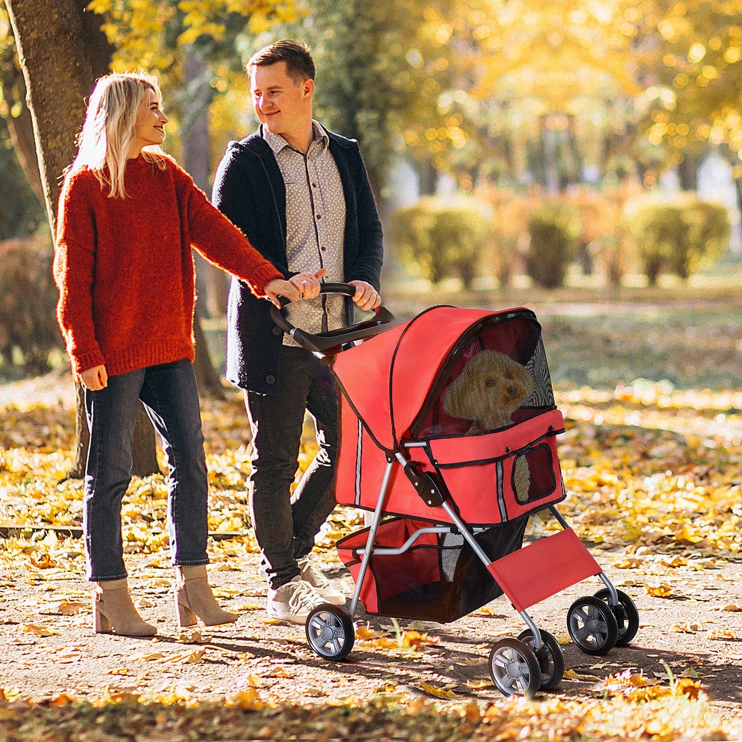 Pet Stroller Dog Pram Foldable Dog Pushchair Cat Travel Carriage w/ Wheels, Zipper Entry, for Small Pets, Red-1