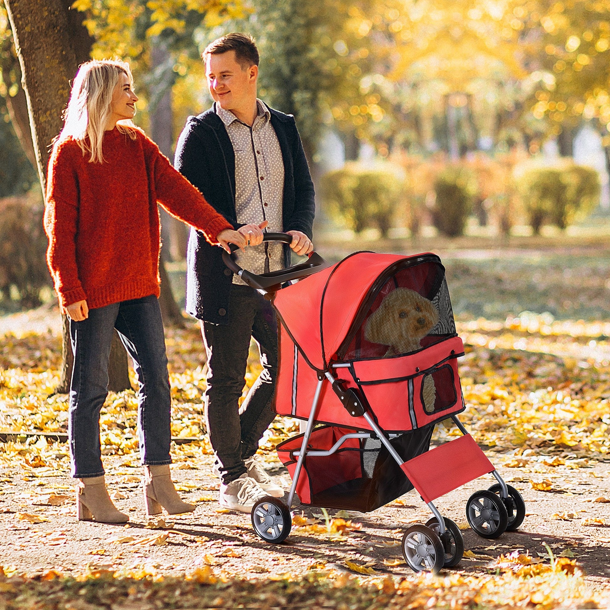 Pet Stroller Dog Pram Foldable Dog Pushchair Cat Travel Carriage w/ Wheels, Zipper Entry, for Small Pets, Red-1