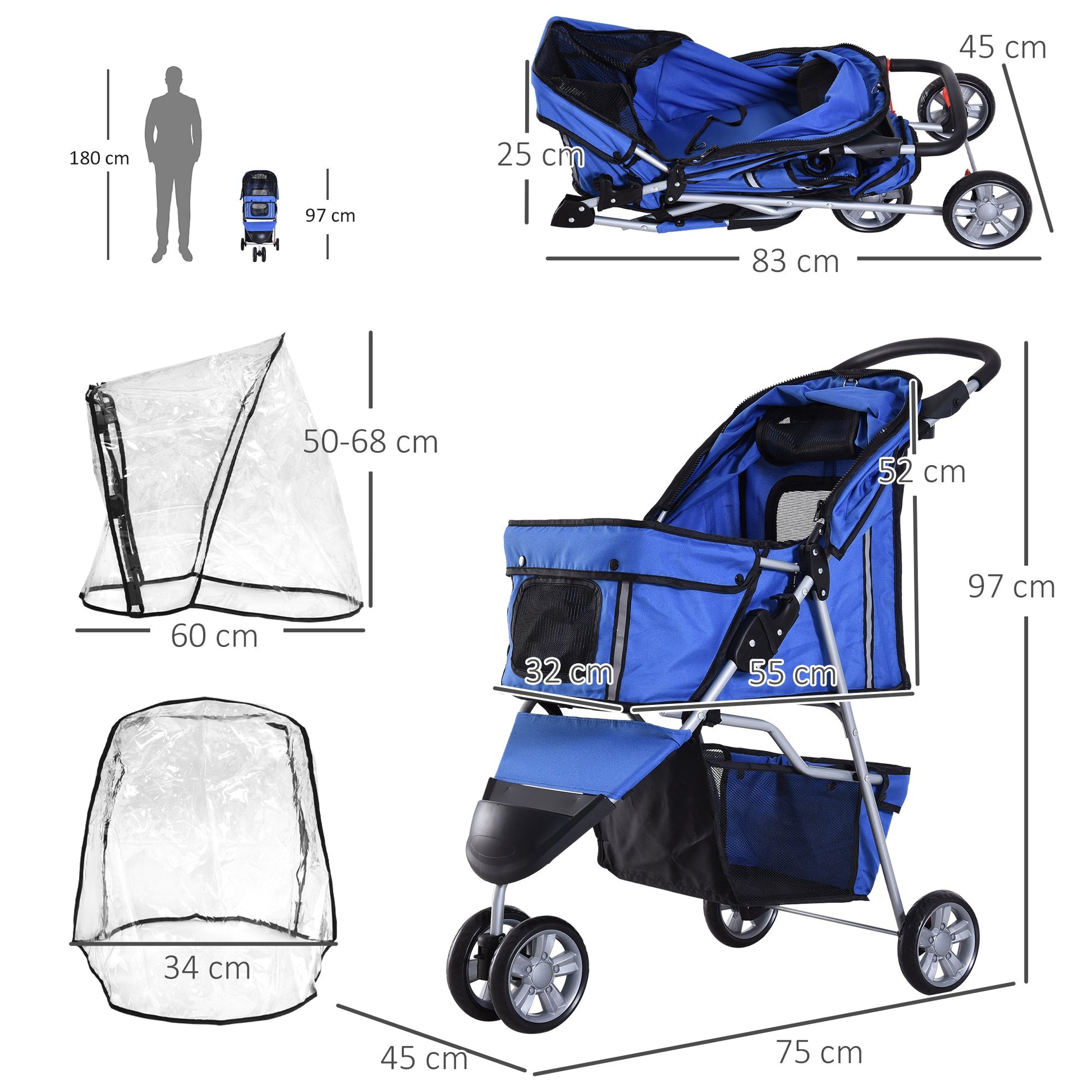 Dog Stroller with Cover for Small Miniature Dogs, Folding Cat Pram Dog Pushchair with Cup Holder, Storage Basket, Reflective Strips, Blue-2
