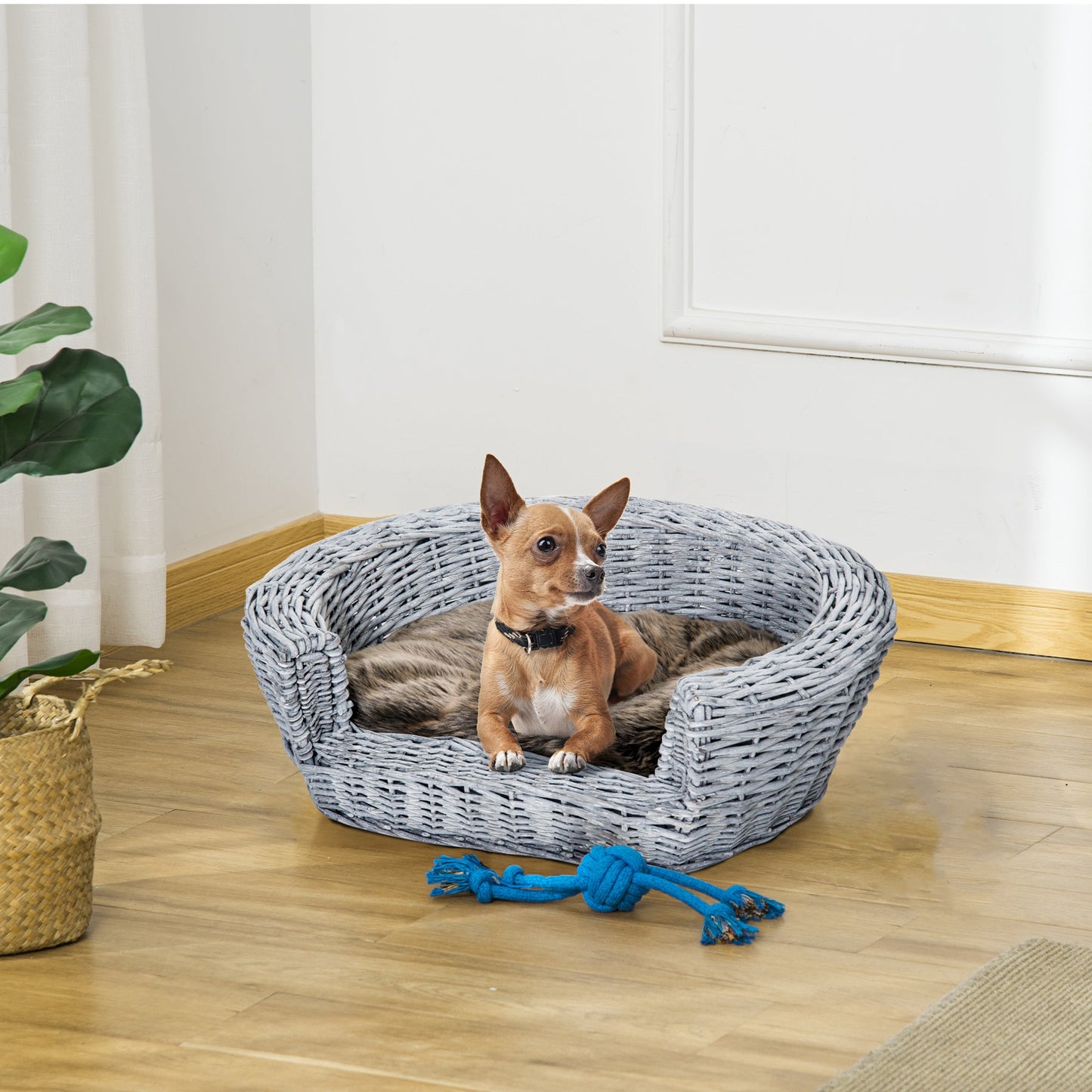 Pet Basket Sofa Bed, 57Lx46Wx17.5H cm, Willow Rattan-Grey-1