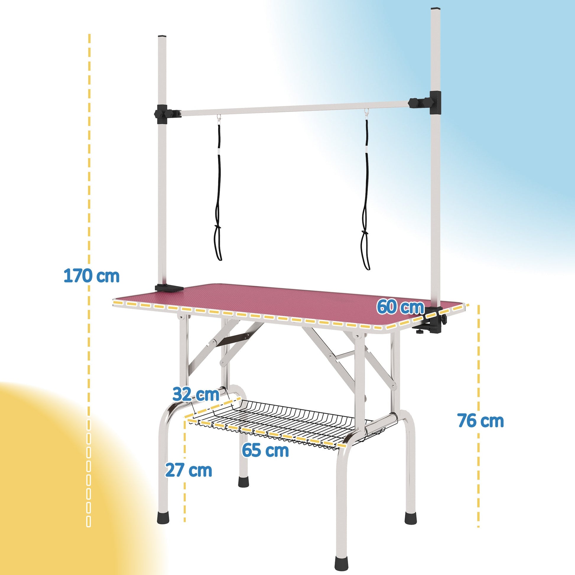42" Dog Grooming Table, Adjustable Pet Cat Drying Beauty Table with 2 Loops Storage Basket, Rubber Top, Pink-2