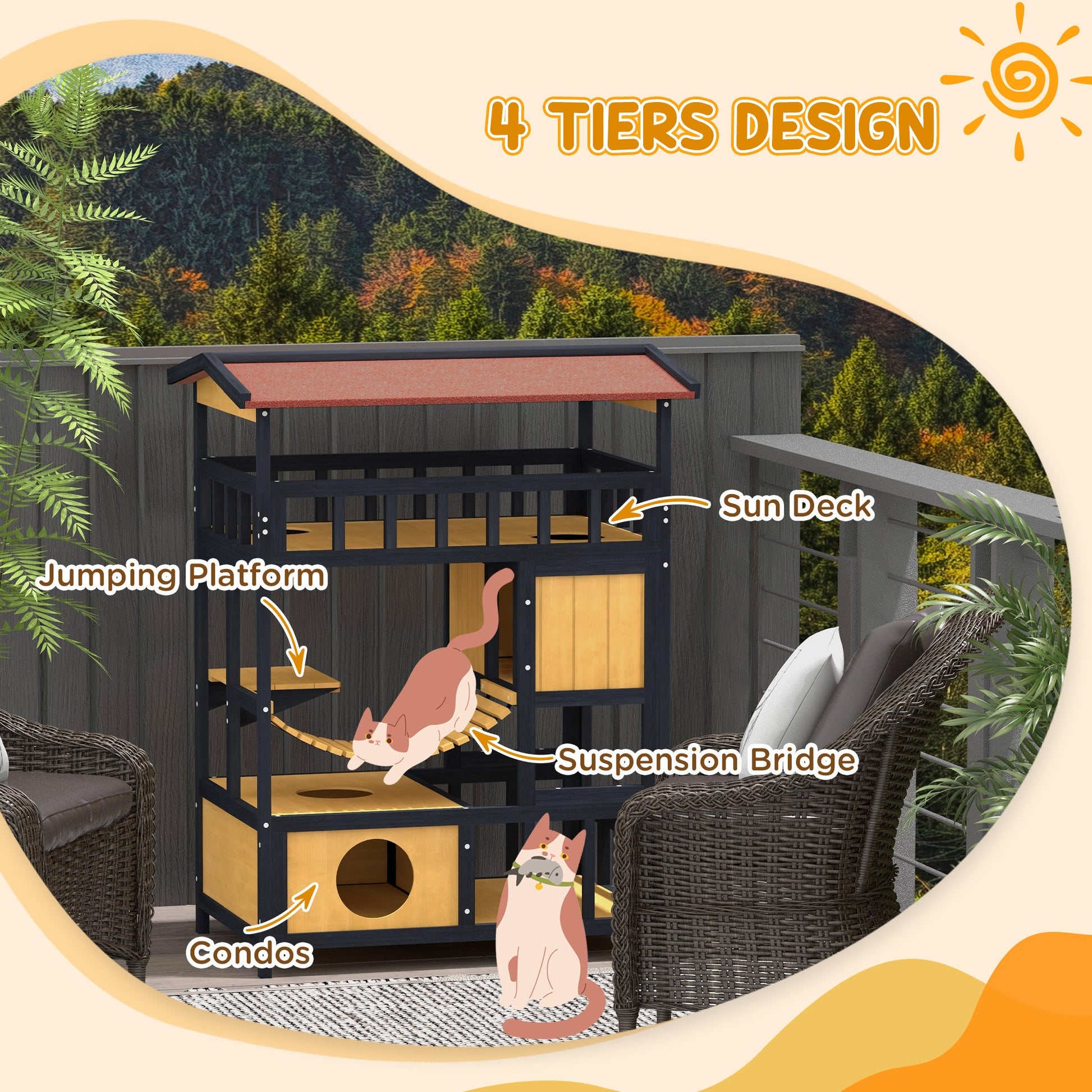 Outdoor Cat Shelter, Four-Tier Wooden Feral Cat House, with Suspension Bridge, Cat Houses, Balcony, Escape Doors-3